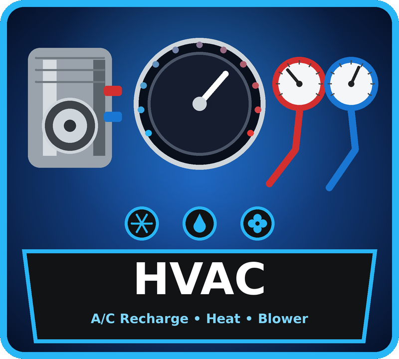 Climate control panel with central rotating knob surrounded by buttons for temperature, fan speed, and air conditioning modes. Blue digital display shows cooling and heating indicators with snowflake and flame symbols. Text label reads HVAC at bottom. Professional, technical interface against deep blue background conveying modern automotive climate system control.